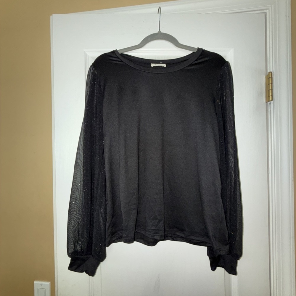 Les Amis Dressy Knit Top Women's M Black Mesh Sleeve Holiday Sparkle NWT
